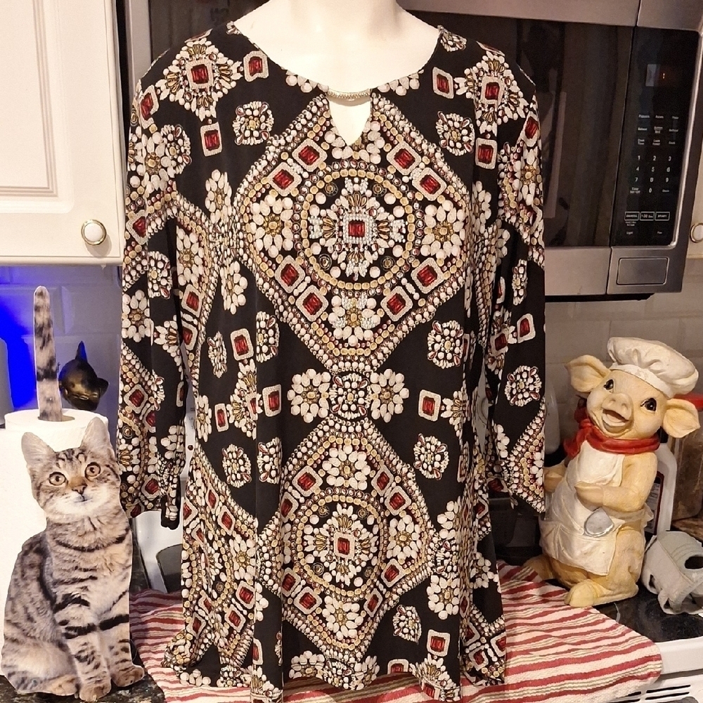 f JM Collection Multicolor Stretch 3/4 Sleeve Bling Regular Size Top XL. EUC